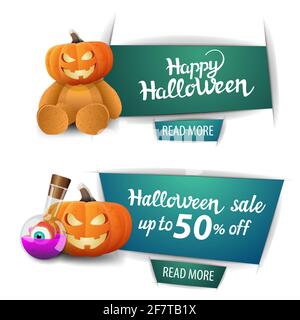 Vendita di Halloween, due striscioni moderni con bottone, orsacchiotto con testa di zucca Jack, Jack di zucca e pozione di strega Foto Stock