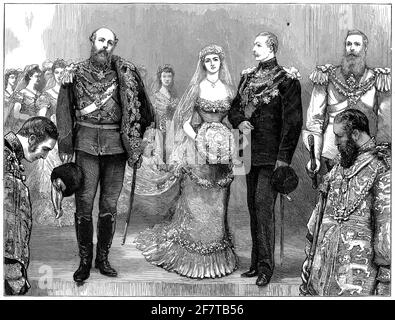 Incisione del matrimonio tra la principessa Louise Margaret e il Principe Artù, Duca di Connaught e Stratharn alla Cappella di San Giorgio, Windsor, 13 marzo 1879. Il principe Artù era il settimo figlio e terzo figlio della regina Vittoria e del principe Alberto di Sassonia-Coburg e Gotha. Foto Stock