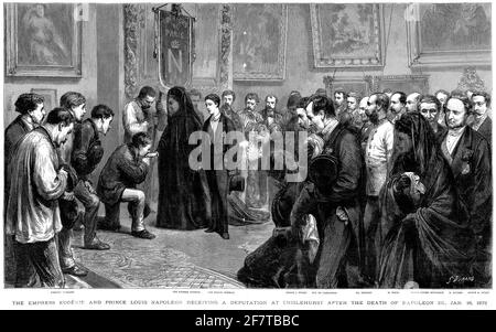 Incisione dell'imperatrice Eugenie e del principe Luigi Napoleone che ricevette una deputazione a Chislehurst dopo la morte di Napoleone III, 16 gennaio 1873 Foto Stock