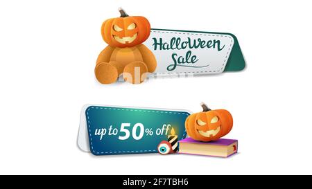 Vendita di Halloween, fino a 50 di sconto, due striscioni di sconto clickable con orsacchiotto di Teddy con testa di zucca di Jack, libro di magia e Jack di zucca Foto Stock