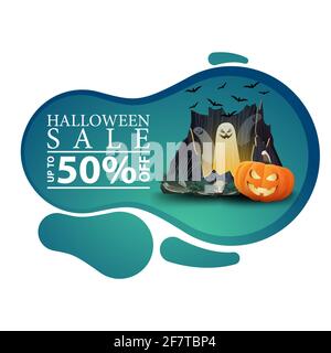 Vendita di Halloween, fino a 50 di sconto, banner moderno verde sotto forma di linee lisce per il vostro commercio con Foto Stock