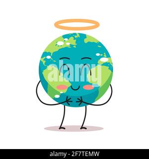 carino angelo personaggio terra con nimbus cartoon mascotte globo personage mostrare emozione facciale salvare pianeta concetto isolato Illustrazione Vettoriale