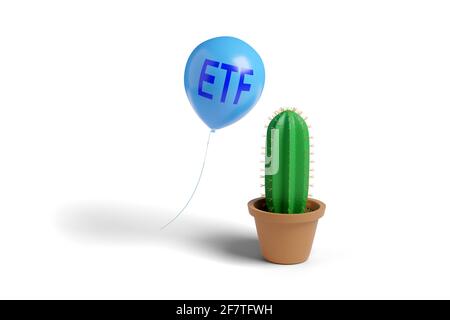Palloncino con testo ETF pericolosamente vicino alle spine di un cactus. illustrazione 3d. Foto Stock