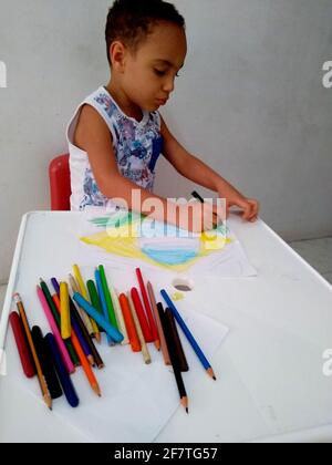 salvador, bahia / brasile - 18 novembre 2020: Il bambino si vede dipingere un disegno della bandiera del Brasile durante le attività scolastiche. Foto Stock