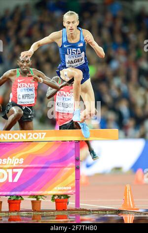 Evan Jager (Stati Uniti). 3000 metri uomini steeplechase, medaglia di bronzo. Campionato del mondo di atletica IAAF. Londra 2017 Foto Stock