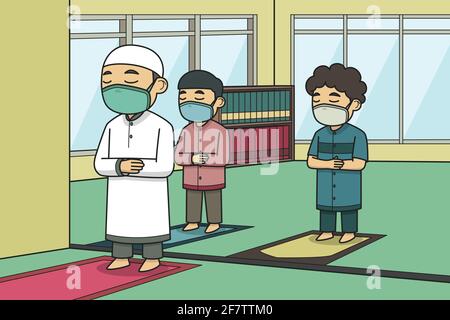 L'Imam e due Makmum stanno pregando nella moschea indossando la maschera di faccia ha implementato l'allontanamento sociale. Illustrazione vettoriale. Illustrazione del libro dei bambini. Illustrazione Vettoriale