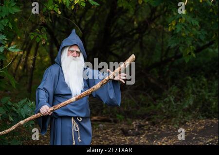 Un mago con una lunga barba grigia lancia un incantesimo in una foresta densa Foto Stock
