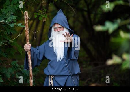 Un mago con una lunga barba grigia lancia un incantesimo in una foresta densa Foto Stock
