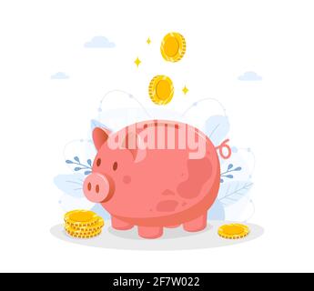 Banca piggy con monete in caduta. Concetto di risparmio di denaro. Investimenti in futuro. Simbolo finanziario. Servizi bancari o aziendali. Illustrazione vettoriale in piano Illustrazione Vettoriale