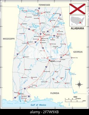 Mappa stradale dello stato americano dell'Alabama con bandiera Illustrazione Vettoriale