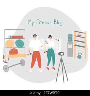 Blog di idoneità della famiglia. I bloggers stanno registrando il soddisfare per il loro video blog. Gli atleti stanno trasmettendo ai loro abbonati con la macchina fotografica sul treppiede Illustrazione Vettoriale
