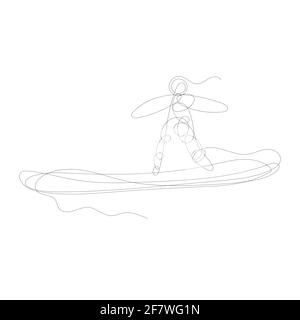 disegno continuo di una linea surfer vacanza vettore di illustrazione dell'onda di mare. Illustrazione Vettoriale
