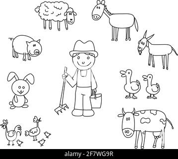 Agricoltore con animali da fattoria linea nera disegno cartoon illustrazione Illustrazione Vettoriale