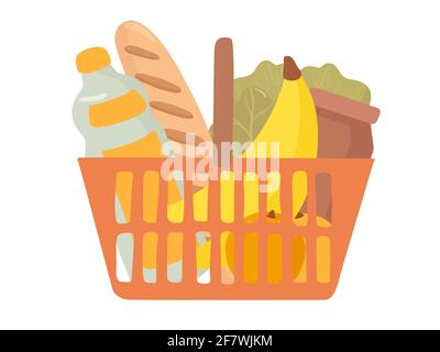 Shopping illustrazioni vettoriali piatte del cestello disegnate a mano. Acquisto di generi alimentari, confezione con prodotti. Bottiglia d'acqua, pane, frutta, verdura, banana Illustrazione Vettoriale