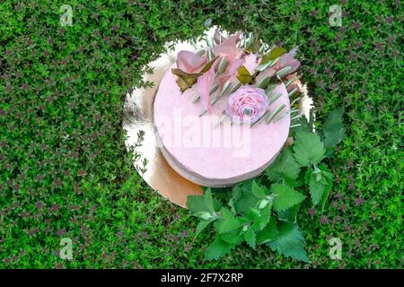 Una torta vegana naturale circondata da un bouquet di balsamo di limone, Melissa officinalis, in un prato di timo. Vista dall'alto, primo piano, spazio per la copia Foto Stock