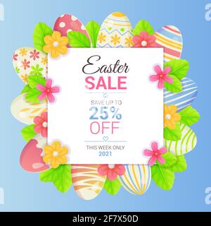 Banner di vendita Pasqua quadrato con uova, vite e fiori. Promozione primavera stagione, sconto flayer, offerta speciale tipografia modello concetto. Scorte Illustrazione Vettoriale