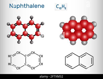 Molecola di naftalene. Si tratta di idrocarburo aromatico comprendente due anelli benzenici fusi. Formula chimica strutturale e modello molecolare. Vettore illustrati Illustrazione Vettoriale