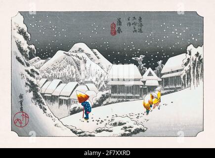 Illustrazione di Kanbara nella neve di Utagawa Hiroshige pubblicato nel 1832. Foto Stock