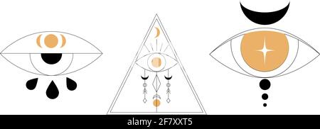 Set di logo di mistero boho. Occhi magici in alchimia con stile disegnato a mano. Illustrazione Vettoriale