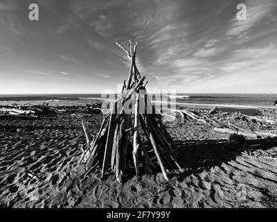 Drift legno arte installazione sulla spiaggia in, Cambria California astratto, California costa centrale. Foto di Jennifer Graylock-Graylock.com Foto Stock