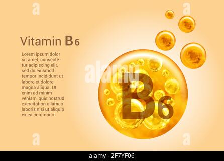 Vitamina B6. Baner con immagini vettoriali di palline d'oro con bolle di ossigeno. Concetto di salute. Illustrazione Vettoriale