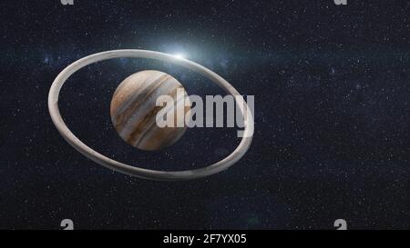 Fantastico pianeta Giove con anello di roccia torus intorno con lente svasata. Illustrazione 3D con rendering ampio. Elementi di questa immagine forniti dalla NASA. Foto Stock