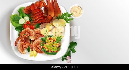 Aragosta e gamberetti con verdure su un piatto bianco. Illustrazione Vettoriale