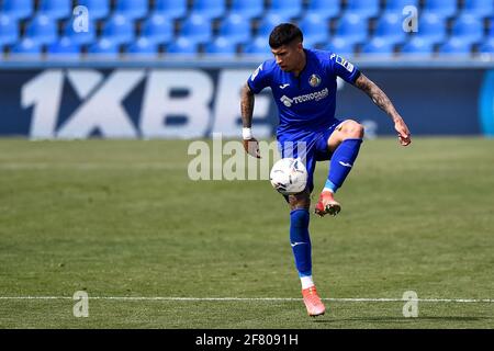 GETAFE, SPAGNA - APRILE 10: Mathias Olivera di Getafe CF durante la Liga Santander match tra Getafe CF e Cadiz CF al Colosseo Alfonso Perez ON Foto Stock