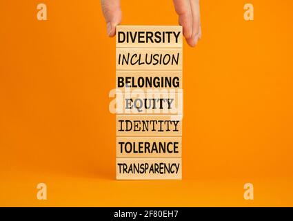 Diversità appartenenza inclusione equità tolleranza d'identità trasparenza parole scritte su blocco di legno. Mano maschio. Bellissimo sfondo arancione. Diversità, Foto Stock