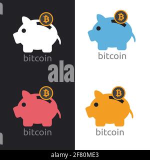 Salvando il banco di piggy con bitcoin, vettore di disegno di icona di criptovaluta multicolore Illustrazione Vettoriale