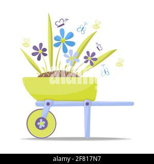 Attrezzi di giardinaggio carriola con piante farfalle api isolato su bianco sfondo Illustrazione Vettoriale