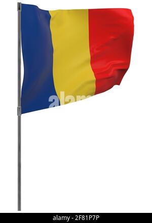 Bandiera Romania in pole. Banner ondulato isolato. Bandiera nazionale della Romania Foto Stock