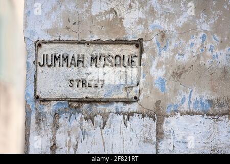 Cartello per Jummah Mosque Street a Mauritius Foto Stock