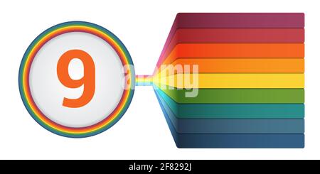 Modello per Infografica 9 posizioni. Strisce numerate colorate con prospettiva. Infografica. Foto Stock