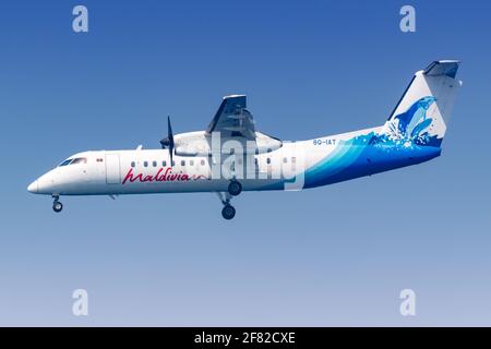 Male, Maldive – 20 febbraio 2018: Maldivian Bombardier DHC-8-300 aereo a Male aeroporto (MLE) nelle Maldive. Foto Stock