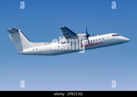 Male, Maldive – 20 febbraio 2018: Maldivian Bombardier DHC-8-300 aereo a Male aeroporto (MLE) nelle Maldive. Foto Stock