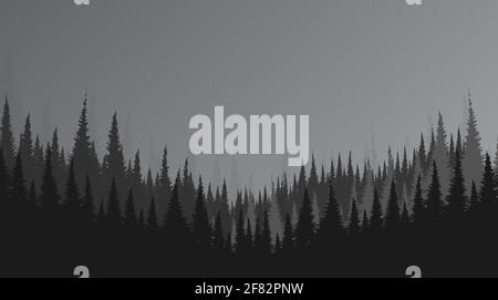 Vector Black e White Pine Forest paesaggio, nebbia e nebbia concept design. Illustrazione Vettoriale