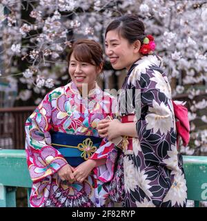 Tokyo, Giappone, 27 marzo 2020: Le donne asiatiche che indossano i vestiti tradizionali giapponesi kimono. Fioritura dei ciliegi. Durante la covid 19 pandemia Foto Stock