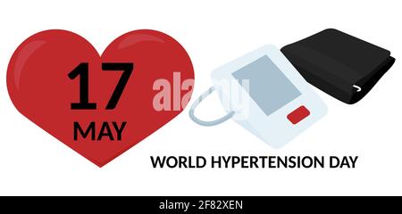 Giornata mondiale dell'ipertensione, 17 maggio. Concetto di controllo della pressione sanguigna. Illustrazione vettoriale isolata in bianco. Illustrazione Vettoriale