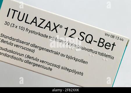 Compresse immunoterapiche per allergia sublinguale (SLIT) dell'albero di Itulazax utilizzate per desensibilizzare le allergie alla betulla e al polline dell'albero. Apr 2020, Espoo, Finlandia. Foto Stock