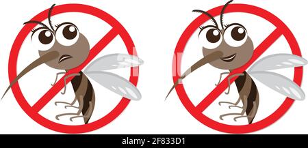 Vector Warning e Anti Mosquito segno, Cartoon carattere design, cute e divertente stile. Illustrazione Vettoriale