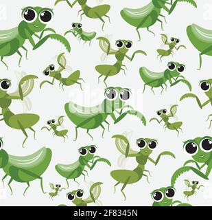 Modello vettoriale senza giunture Mantis Cartoon Character design concetto di stile carino. Illustrazione Vettoriale