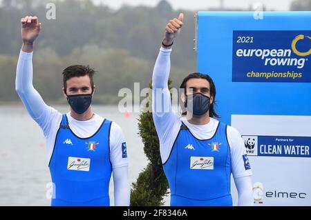 Varese, Varese, Italia, 11 Apr 2021, Matteo Lodo, Giuseppe Vicino (Italia) Coppia da uomo, 2° classificato durante i Campionati europei di canottaggio 2021 , Canoying - Foto Danilo Vigo / LM Foto Stock