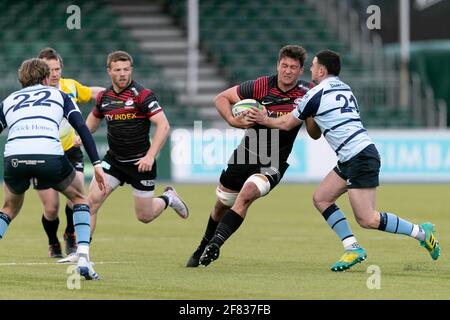 LONDRA, REGNO UNITO. 11 APRILE: Janco Venter di Saracens in azione durante la partita del Greene King IPA Championship tra Saracens e Bedford Blues ad Allianz Park, Londra, domenica 11 aprile 2021. (Credit: Juan Gasparini | MI News) Credit: MI News & Sport /Alamy Live News Foto Stock