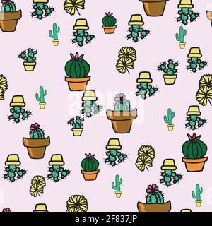 Vettore rosa fondo pianta cactus in vaso, succulenti modello senza giunture. Sfondo con ripetizione senza giunture Illustrazione Vettoriale