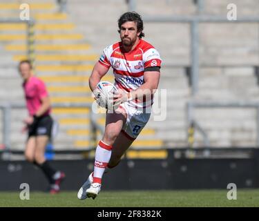 Leigh, Regno Unito. 11 Apr 2021. Tyrone McCarthy (21) di Leigh Centurions corre in avanti con la palla a Leigh, Regno Unito, il 11/4/2021. (Foto di Simon Whitehead/News Images/Sipa USA) Credit: Sipa USA/Alamy Live News Foto Stock