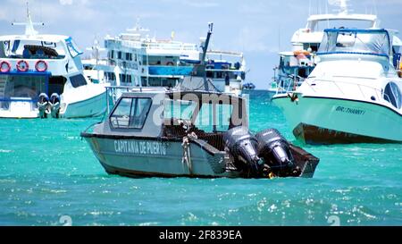 Barca del capitano del porto e barche private nel porto di Puerto Ayora, Isola di Santa Cruz, Galapagos, Ecuador Foto Stock