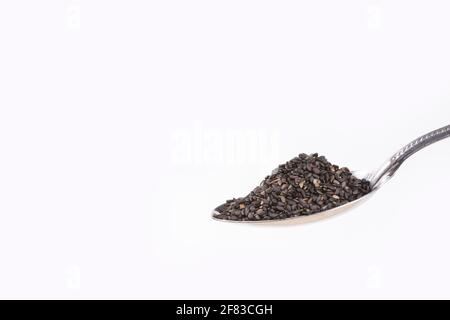 Semi di sesamo nero nel cucchiaio - Sesamum indicum. Sfondo bianco Foto Stock