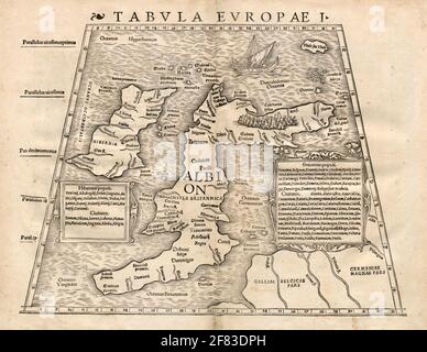 Bella carta d'epoca disegnata a mano illustrazione dell'Europa da Geographia Universalis, Vetus et Nova dal 1542. Ha mostrato mondo conosciuto fino a quel tempo. Foto Stock
