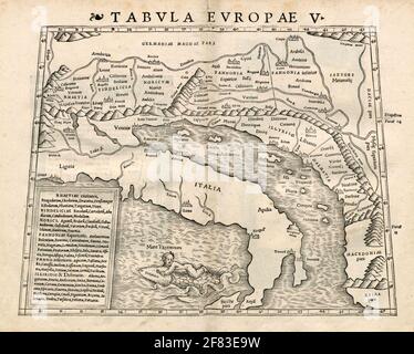 Bella carta d'epoca disegnata a mano illustrazione dell'Europa da Geographia Universalis, Vetus et Nova dal 1542. Ha mostrato mondo conosciuto fino a quel tempo. Foto Stock